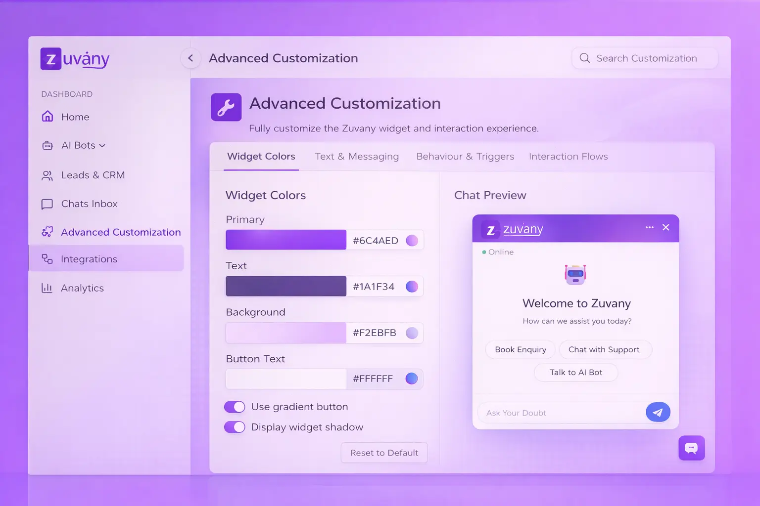 Advanced AI Chatbot Customization for Your Brand | Zuvany Interface Preview